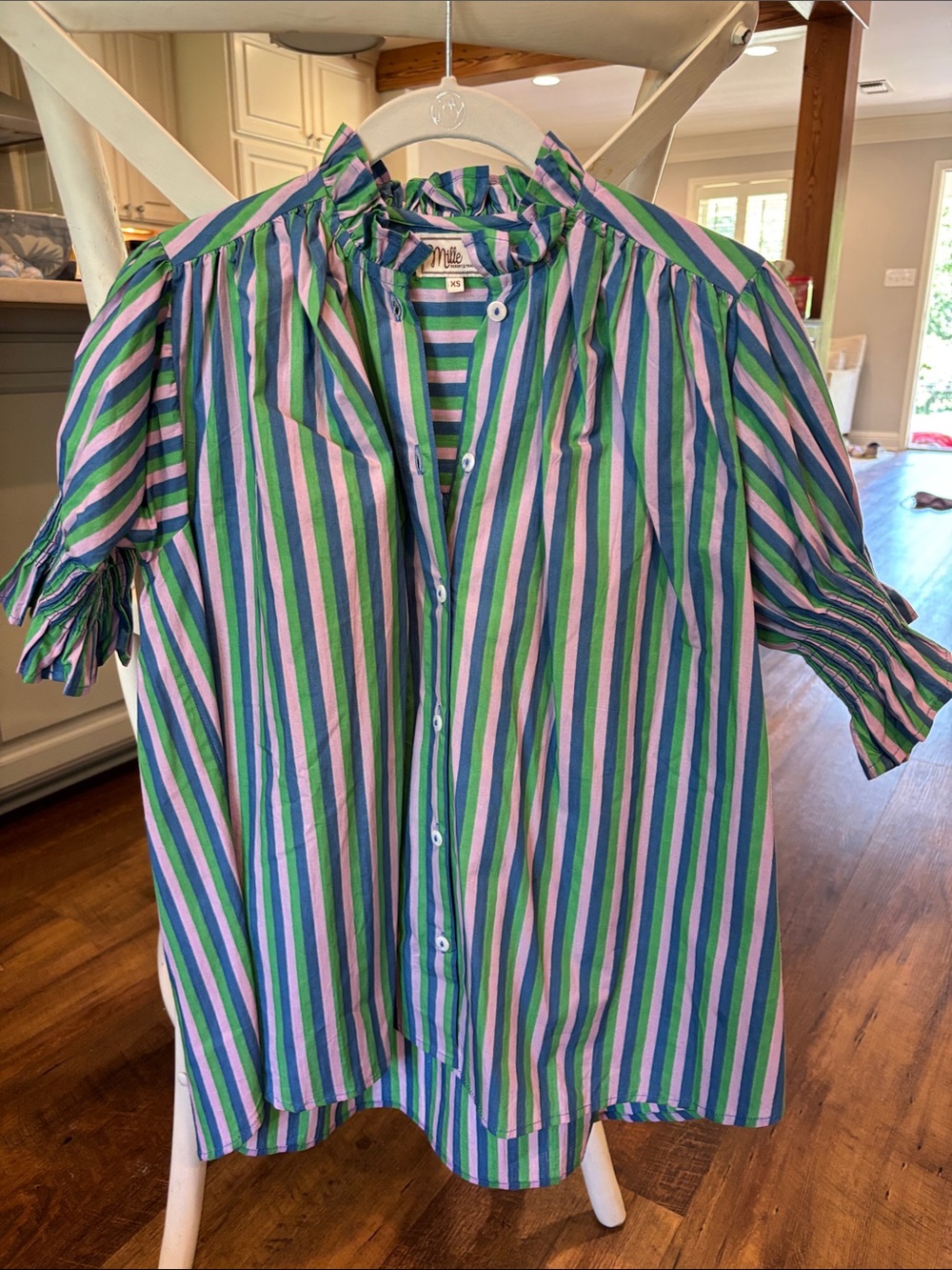 Mille Striped Ruffle Collar Button-Down Shirt - Green, Blue & Pink
